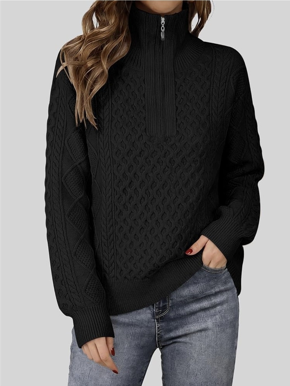Cable Knit Half-Zip Sweater - Black